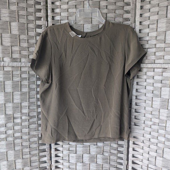 Jones New York Tops - Simple Silk Blouse Top Short Sleeve Olive Green Keyhole Back Sz 10 Minimalist